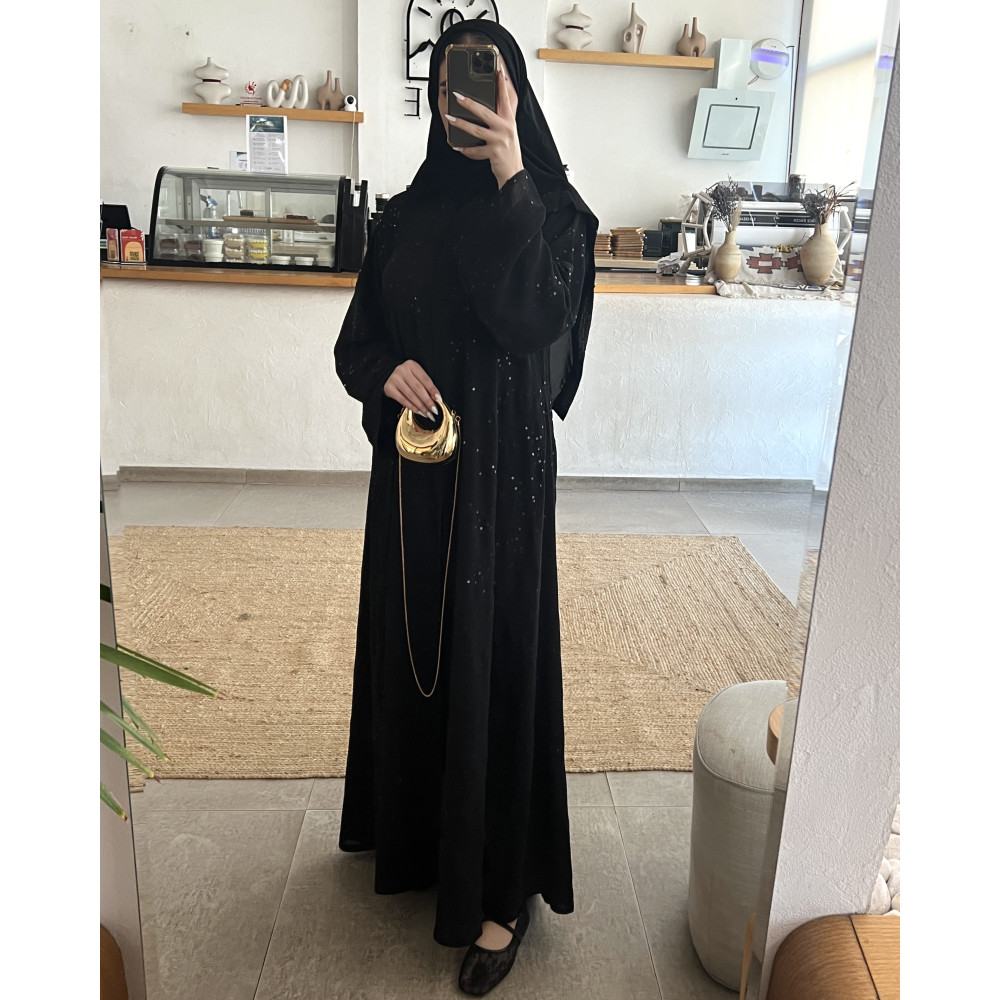 عباية  00638 أنيقة وصيفية مع شك وتطريز بالترتر الأسود