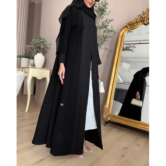عباية  00662 أنيقة ورسمية بخامة كريب سواد فاحم