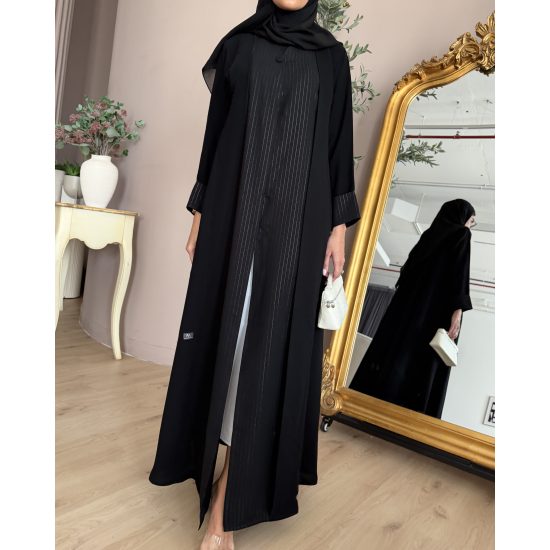 عباية  00662 أنيقة ورسمية بخامة كريب سواد فاحم