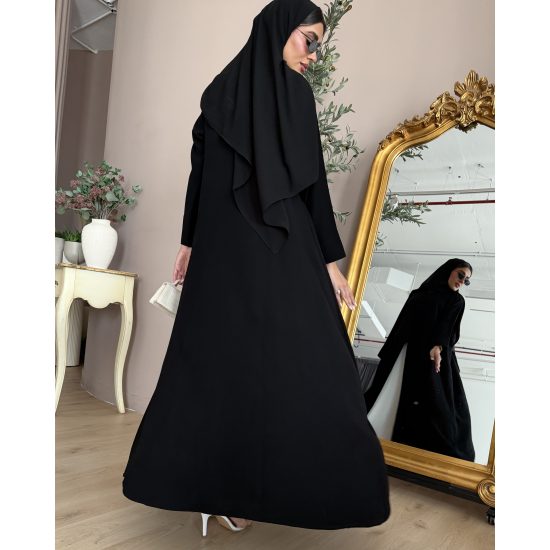 عباية  00663 أنيقة ورسمية بخامة كريب سواد فاحم