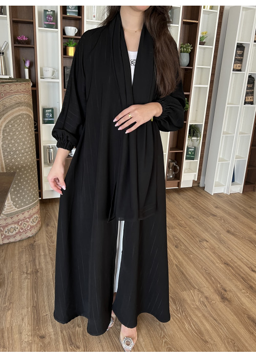 عباية  00479 ربع كلوش بقماش كريب مقلم مع أكمام مطاط