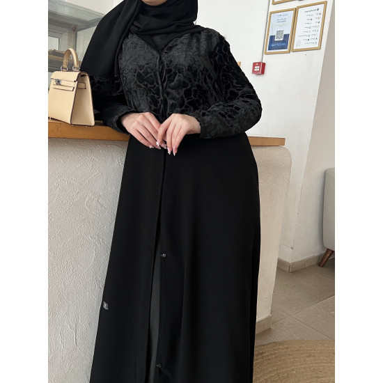 عباية  00611 مخمل مشجر مع كريب ملكي سواد فاحم 