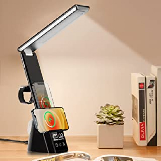 شاحن لاسلكي 3 في 1 مع مصباح طاولة LED و منبه وحامل للهواتف