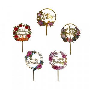 Cake Topper Happy Birthday Several Flower Shapes Set Of 2