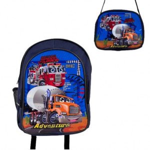 A Set Of School Backpack And Lunch Bag With a Truck Themed