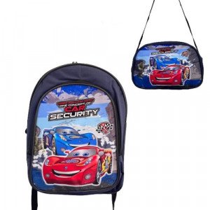 A Set Of School Backpack And Lunch Bag With a Cars Themed