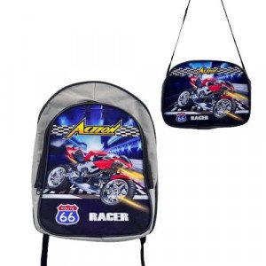 A Set Of School Backpack And Lunch Bag With a motorcycle Themed