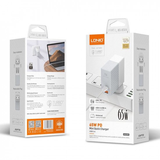 شاحن سريع للجوال واللابتوب بقوة 65 وات LDNIO A2620C