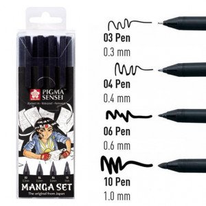 SAKURA PIGMA SENSEI Pen Set, Black, 4 Sizes, Manga Set
