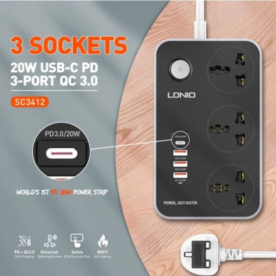 توصيلة كهربائية LDNIO SK3469 PD20W مقاومة للحريق 2متر بثلاثة مقابس و 3 منافذ USB توصيلة كهربائية LDNIO SK3469 PD20W مقاومة للحريق 2متر بثلاثة مقابس و 3 منافذ USB