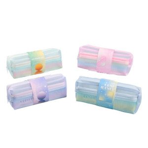 Pencil Case with Two Zippers, Soft Transparent Mesh, Pastel Multiple Colors