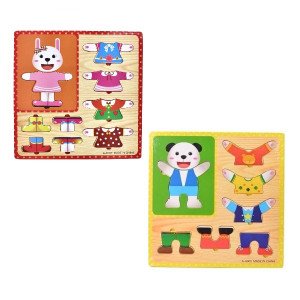 Educational Wooden Children's Toy Panda and Rabbit Clothes Puzzle