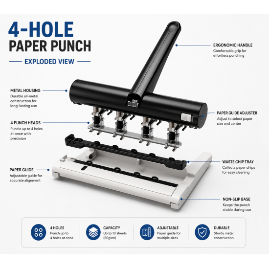 Large Paper Punch, 4 Moving Holes, 30 Sheets Novus Large Paper Punch, 4 Moving Holes, 30 Sheets Novus