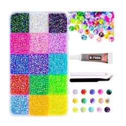 Box of 15-Color Rhinestone Crystals, Including Glue, Tweezers, and a Wax Pen