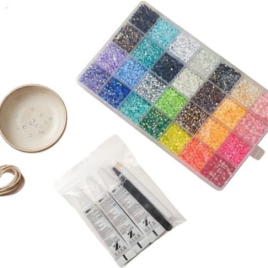 Box of 32-Color Rhinestone Crystals, Including 3 Glue, Tweezers, and a Wax Pen