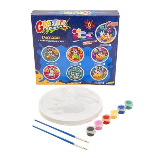 Round Ceramic Sculpture Set Featuring Space-Themed Designs  Includes Paints and Brushes