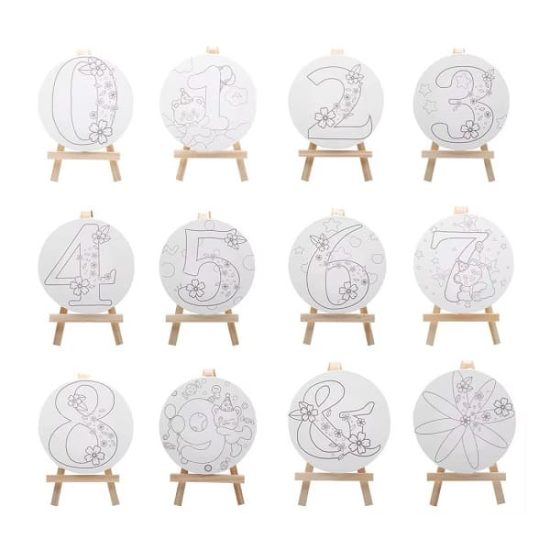  Round Canvas Drawing Board 10.5cm Printed with Numbers and Includes Wooden Easel - Keep Smiling