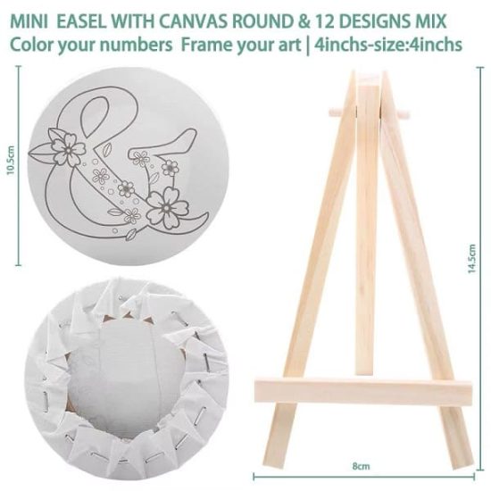  Round Canvas Drawing Board 10.5cm Printed with Numbers and Includes Wooden Easel - Keep Smiling