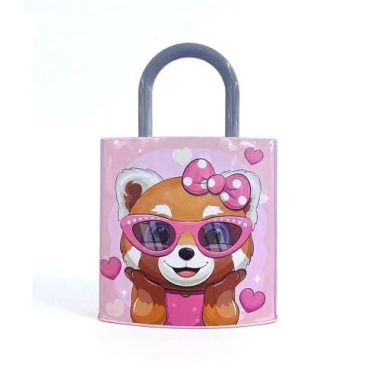 Large Metal Children's Piggy Bank in a Lock Shape, Pink Color Bear