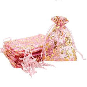 Organza Fabric Bag 9 x 12 cm Gold Printed 10 Pieces