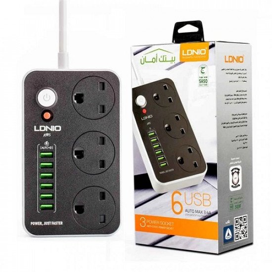 توصيلة كهربائية LDNIO SC3604 5M مقاومة للحريق بثلاثة مقابس و 6 منافذ USB توصيلة كهربائية LDNIO SC3604 5M مقاومة للحريق بثلاثة مقابس و 6 منافذ USB