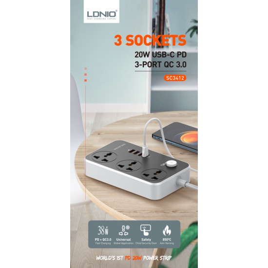 توصيلة 2 متر 3 منافذ USB و منفذ USB-C بخاصية الشحن السريع من LDNIO 