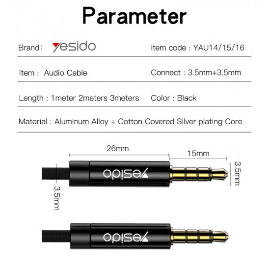 يسيدو - كيبل ناقل الصوت YAU14 من AUX 3.5MM الى AUX 3.5MM بطول 1 متر -أسود