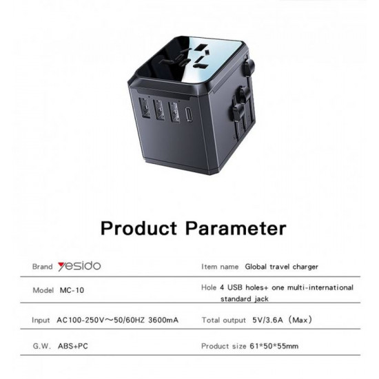      فيش شاحن عالمي من Yesido-MC10-UNIVERSAL ADAPTER