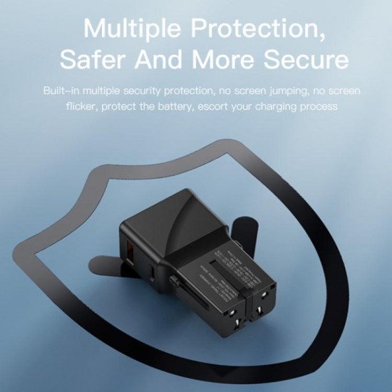  شاحن المسافر 20 واط Yesido MC-17 QC3.0 + PD 20W شاحن السفر العالمي ثنائي المنافذ (أسود)