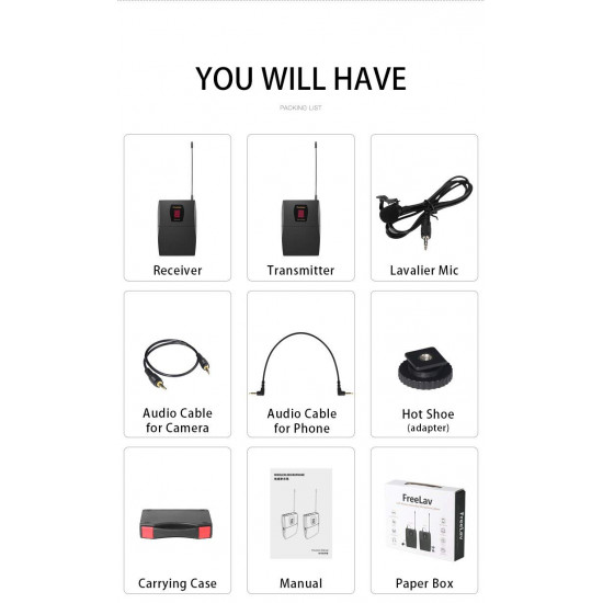 مجموعة نظام ميكروفون  FREELAV احترافي داخل الأذن مزود بـ 16 قناة للمراقبة اللاسلكية UHF مع ميكروفون على شكل طية صدر السترة للهواتف الذكية لأجهزة Android وIOS، وكاميرات DSLR، وNIKON، وCANON، وSONY، وYouTube