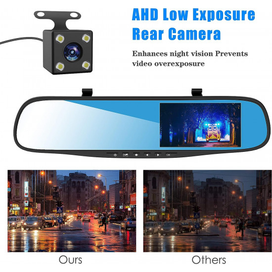  كاميرات داش امامية وخلفية للسيارة، عدسة مزدوجة HD 1080P 4. كاميرا دي في ار لمراة الرؤية الخلفية للسيارة، مقاس 3 انش