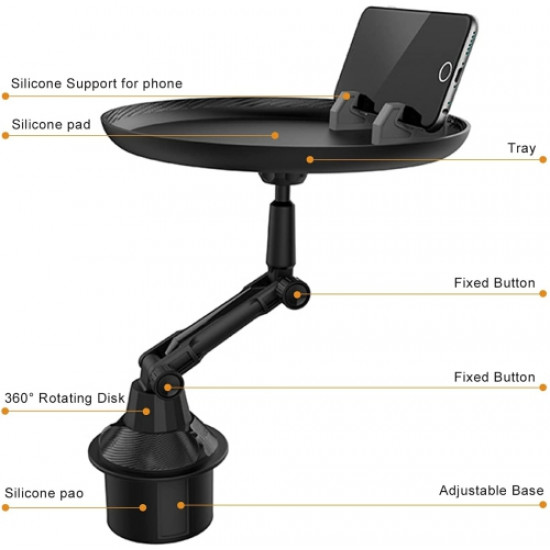 حامل أكواب للسيارة استمتع بطعامك وابق منظمًا، طاولة صينية السيارة قابلة للتعديل مع ذراع دوار يدور 360 درجة وقاعدة قابلة للتمديد