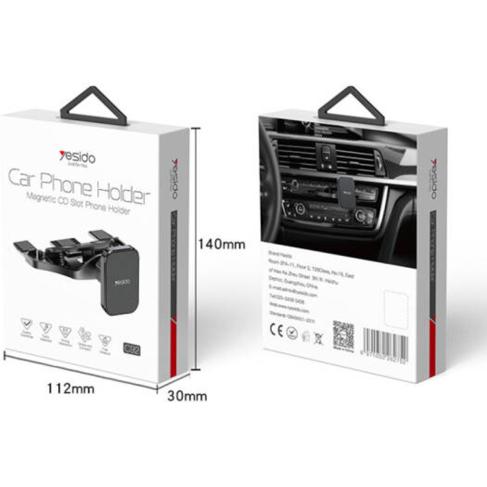 حامل سيارة مغناطيسي من Yesido C92، يعمل بيد واحدة، زاوية ضبط 360 درجة، وسادة سيليكون لامتصاص الصدمات، غير قابل للانزلاق، منفذ فتحة قرص مضغوط، ABS + مغناطيس N50، أسود | C92