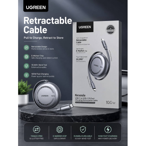 سلك شاحن يوجرين  UGREEN Nexode من USB-C الى USB-C قابل للسحب وبقوة 100 واط
