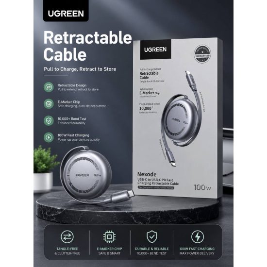 سلك شاحن يوجرين  UGREEN Nexode من USB-C الى USB-C قابل للسحب وبقوة 100 واط