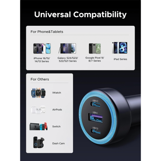 شاحن سيارة UGREEN يوجرين سريع بمنفذين USB-C ومنفذ USB وبقوة 30 واط 