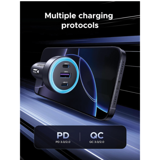 شاحن سيارة UGREEN يوجرين سريع بمنفذين USB-C ومنفذ USB وبقوة 30 واط 