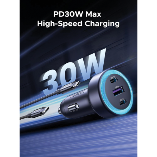شاحن سيارة UGREEN يوجرين سريع بمنفذين USB-C ومنفذ USB وبقوة 30 واط 