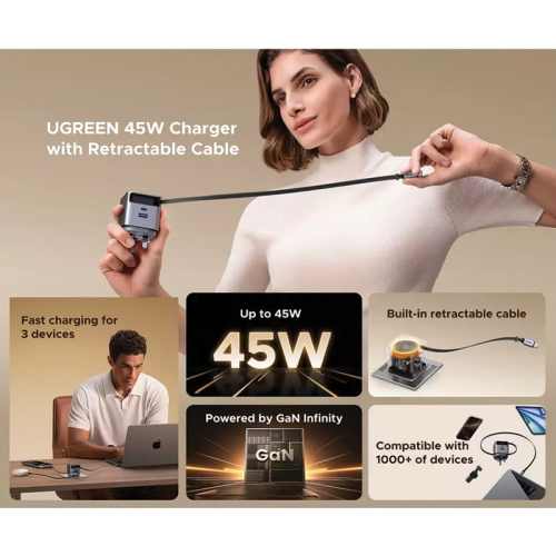 شاحن  UGREEN جداري يوجرين Nexode Pro بتقنية GaN وسلك قابل للسحب وبمنفذ USB-C وبمنفذ USB وبقوة 45 واط