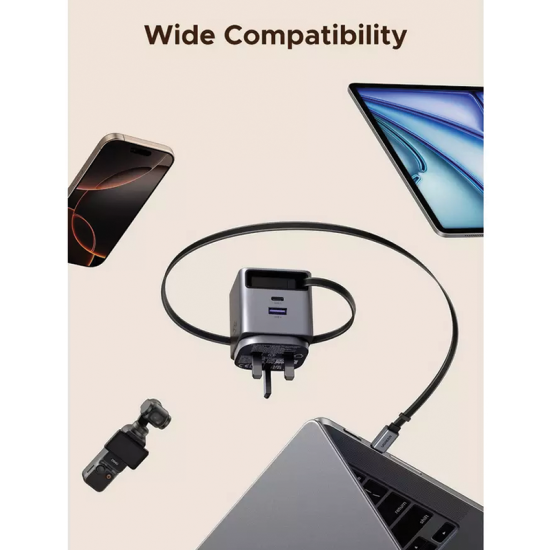 شاحن  UGREEN جداري يوجرين Nexode Pro بتقنية GaN وسلك قابل للسحب وبمنفذ USB-C وبمنفذ USB وبقوة 45 واط