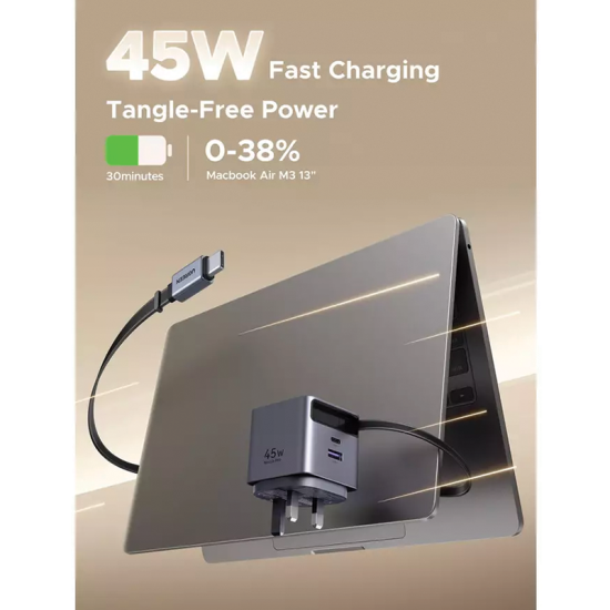 شاحن  UGREEN جداري يوجرين Nexode Pro بتقنية GaN وسلك قابل للسحب وبمنفذ USB-C وبمنفذ USB وبقوة 45 واط