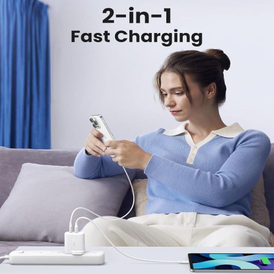شاحن جداري UGREEN يوجرين بمنفذ USB-C ومنفذ USB وبقوة 20 واط 