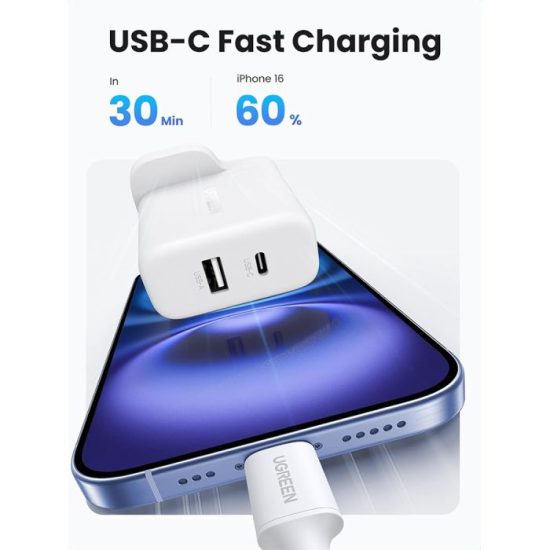 شاحن جداري UGREEN يوجرين بمنفذ USB-C ومنفذ USB وبقوة 20 واط 