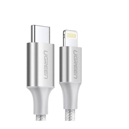 يوجرين كيبل من تايب سي الي لايتنينج للايفون قماش 2 متر فضي UGREEN USB-C إلى Lightning 
