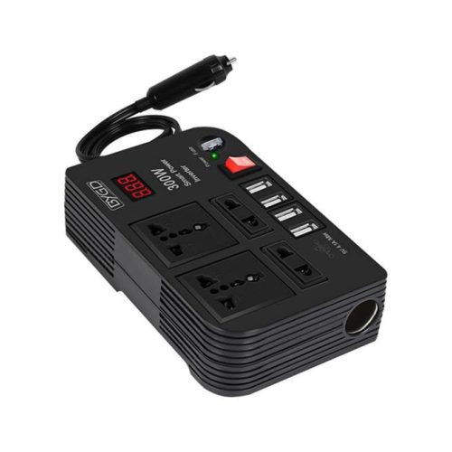 CAR INVERTER D-IV02 محول طاقة السيارة 300 واط DC 12V/24V إلى 220V AC مع 4 منافذ USB للشحن السريع و 2 مقبس عالمي مع شاشة LED متعددة