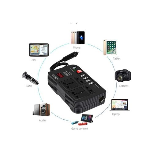 CAR INVERTER D-IV02 محول طاقة السيارة 300 واط DC 12V/24V إلى 220V AC مع 4 منافذ USB للشحن السريع و 2 مقبس عالمي مع شاشة LED متعددة