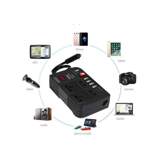 CAR INVERTER D-IV02 محول طاقة السيارة 300 واط DC 12V/24V إلى 220V AC مع 4 منافذ USB للشحن السريع و 2 مقبس عالمي مع شاشة LED متعددة