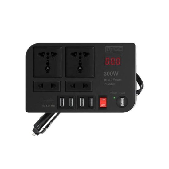 CAR INVERTER D-IV02 محول طاقة السيارة 300 واط DC 12V/24V إلى 220V AC مع 4 منافذ USB للشحن السريع و 2 مقبس عالمي مع شاشة LED متعددة
