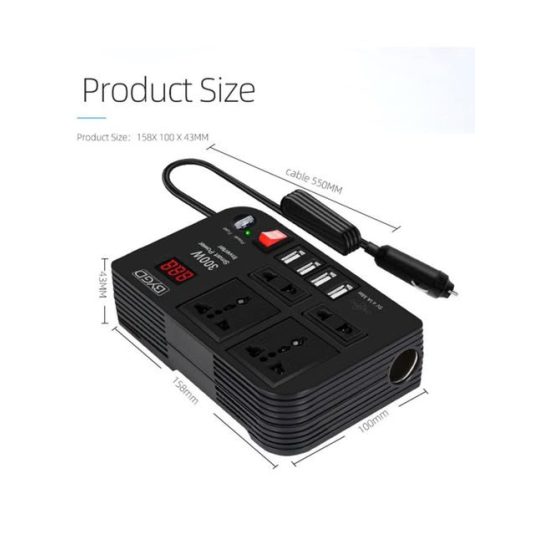 CAR INVERTER D-IV02 محول طاقة السيارة 300 واط DC 12V/24V إلى 220V AC مع 4 منافذ USB للشحن السريع و 2 مقبس عالمي مع شاشة LED متعددة