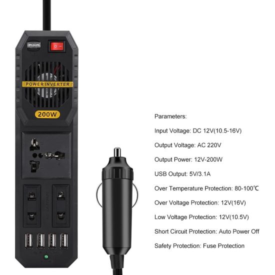 CAR INVERTER D-IV01 عاكس كهربائي للسيارة 200 واط، تيار مستمر 12 فولت الى تيار متردد 220 فولت مع 4 منافذ USB ولاعة سجائر